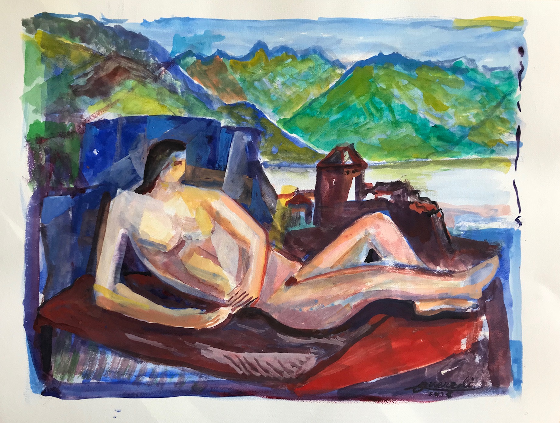 La femme au bord du lac- (gouache-50x65cm-2018)
